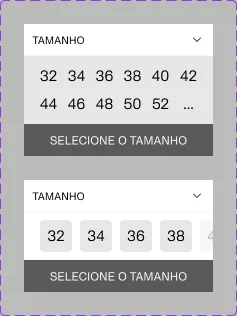 Componente H&M com duas apresentações do seletor de tamanho e botão para selecionar o tamanho.